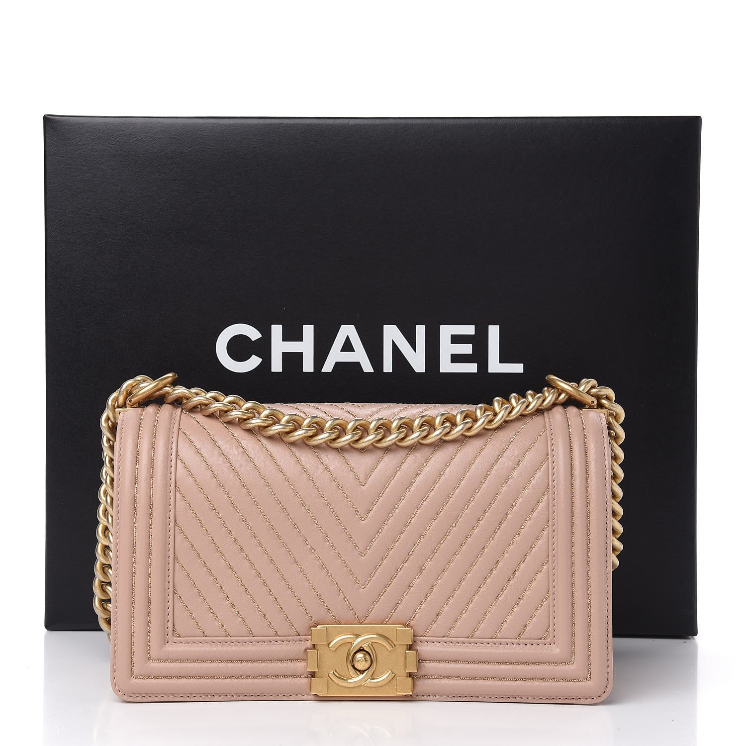 Chanel Lambskin Chevron Chain Stitched Medium Boy Flap Beige 14 of 14