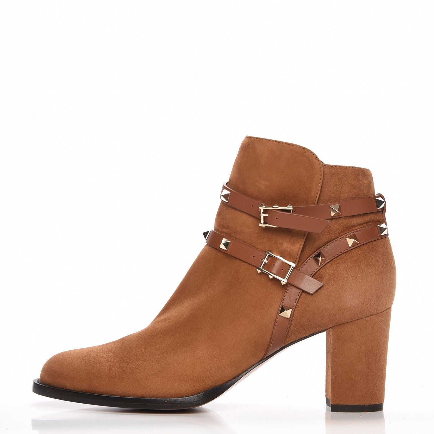 Valentino Garavani Suede Rockstud Double Buckle 70mm Block Heel Ankle Boots 41.5 Tobacco 1 of 8