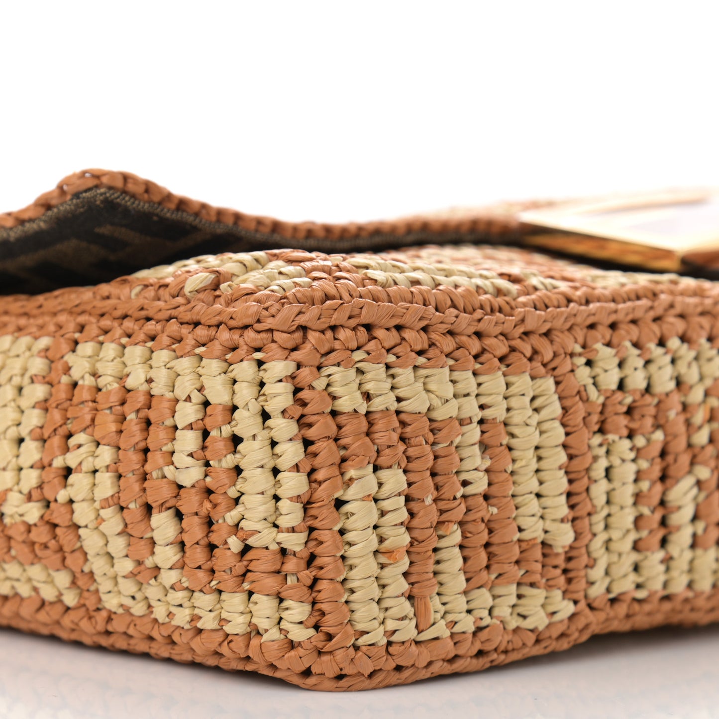 Raffia Vitello Seta FF Woven Large Baguette Brick Natural