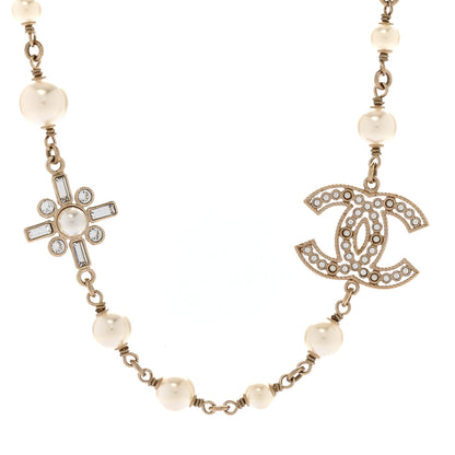 Chanel Crystal Baguette Pearl CC Cross Short Necklace Gold 4 of 6