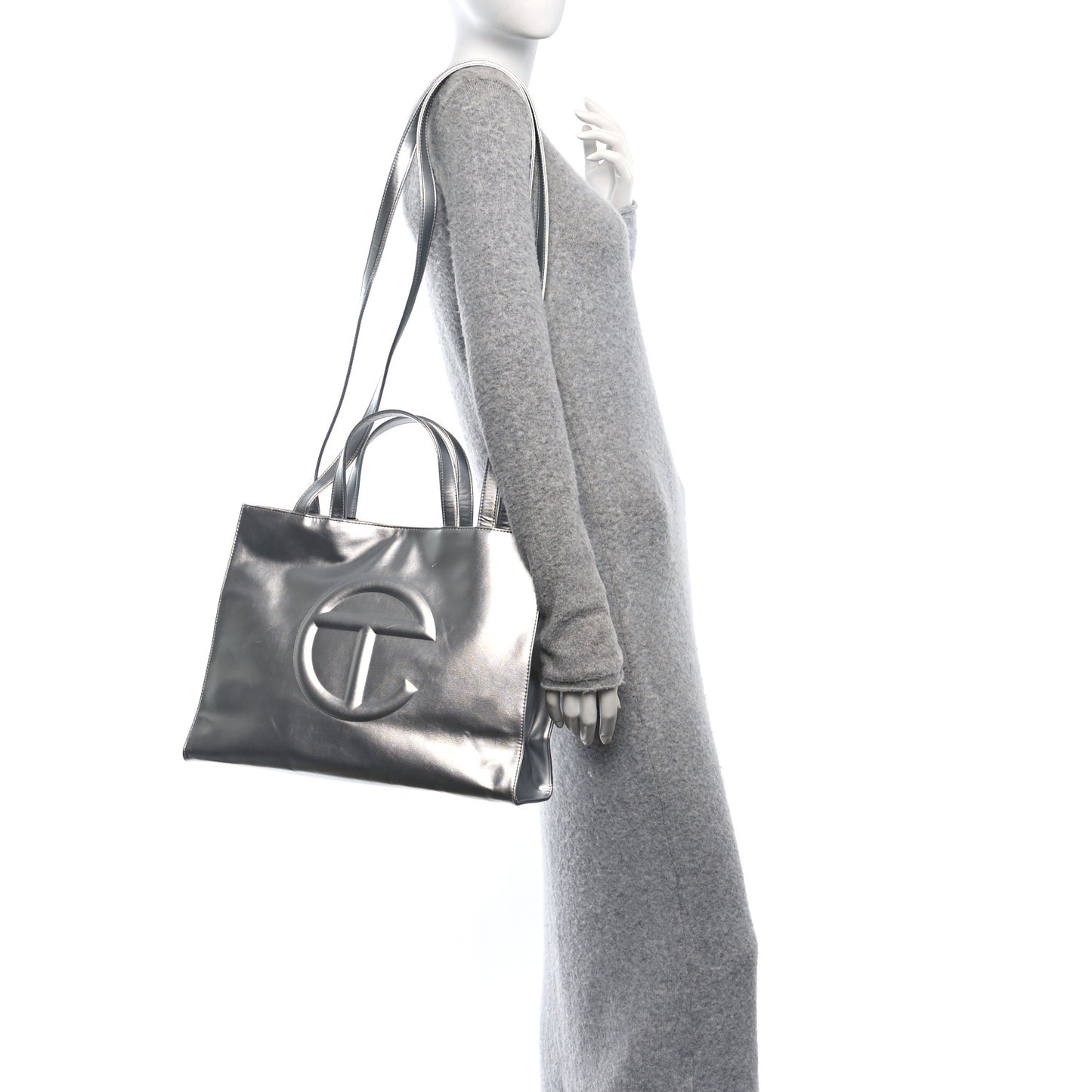 Metallic Vegan Leather Medium Shopping Bag Silver