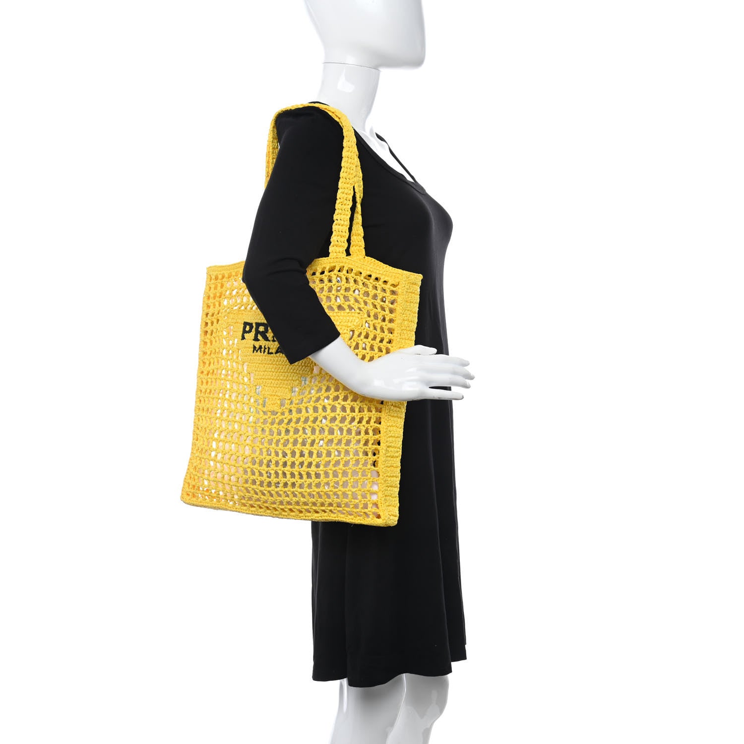 Prada Yarn Raffia Effect Crochet Logo Embroidered Tote Bag Giallo 4 of 17