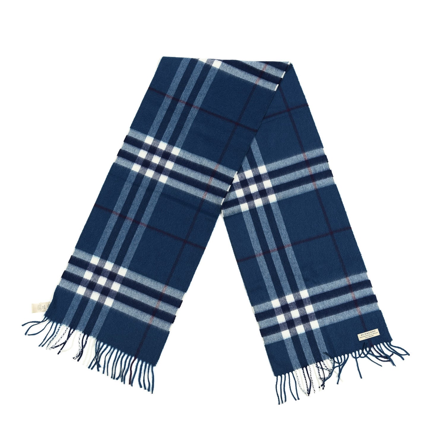 Cashmere Giant Check Fringe Scarf Blue