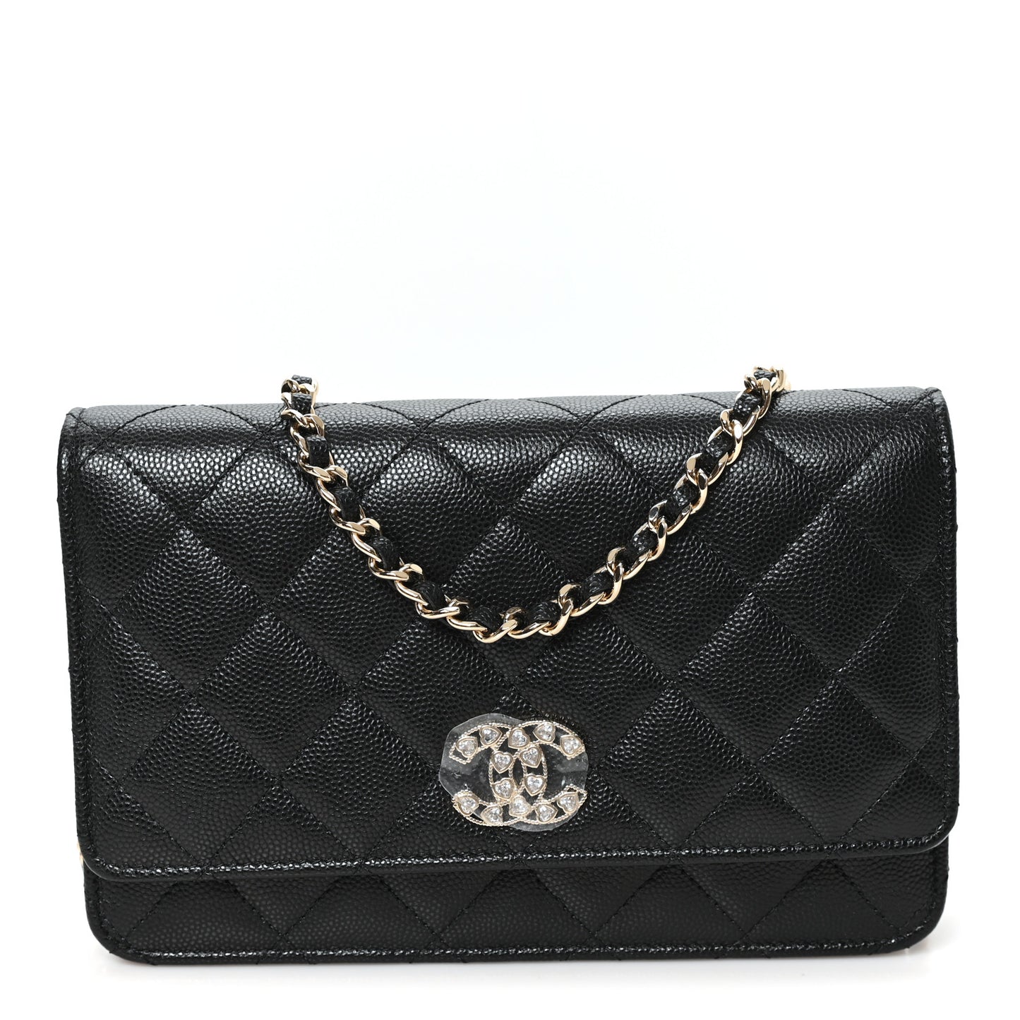 Caviar Quilted Crystal Heart CC Wallet On Chain WOC Black