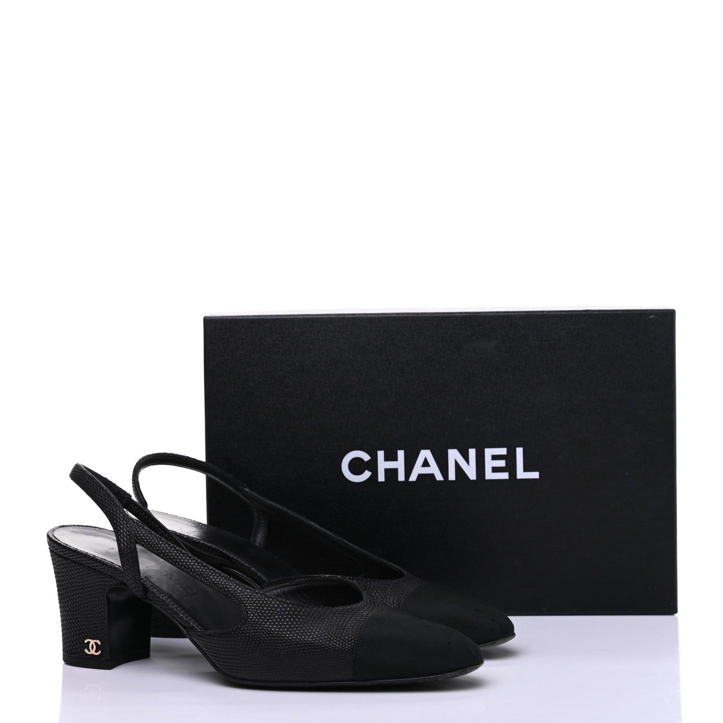 Lizard Grosgrain Cap Toe CC Slingback Sandals 37.5 Black