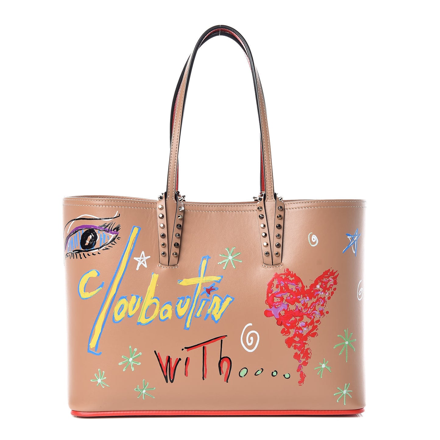 Calfskin Loubitag Spikes Small East West Cabata Tote Nude