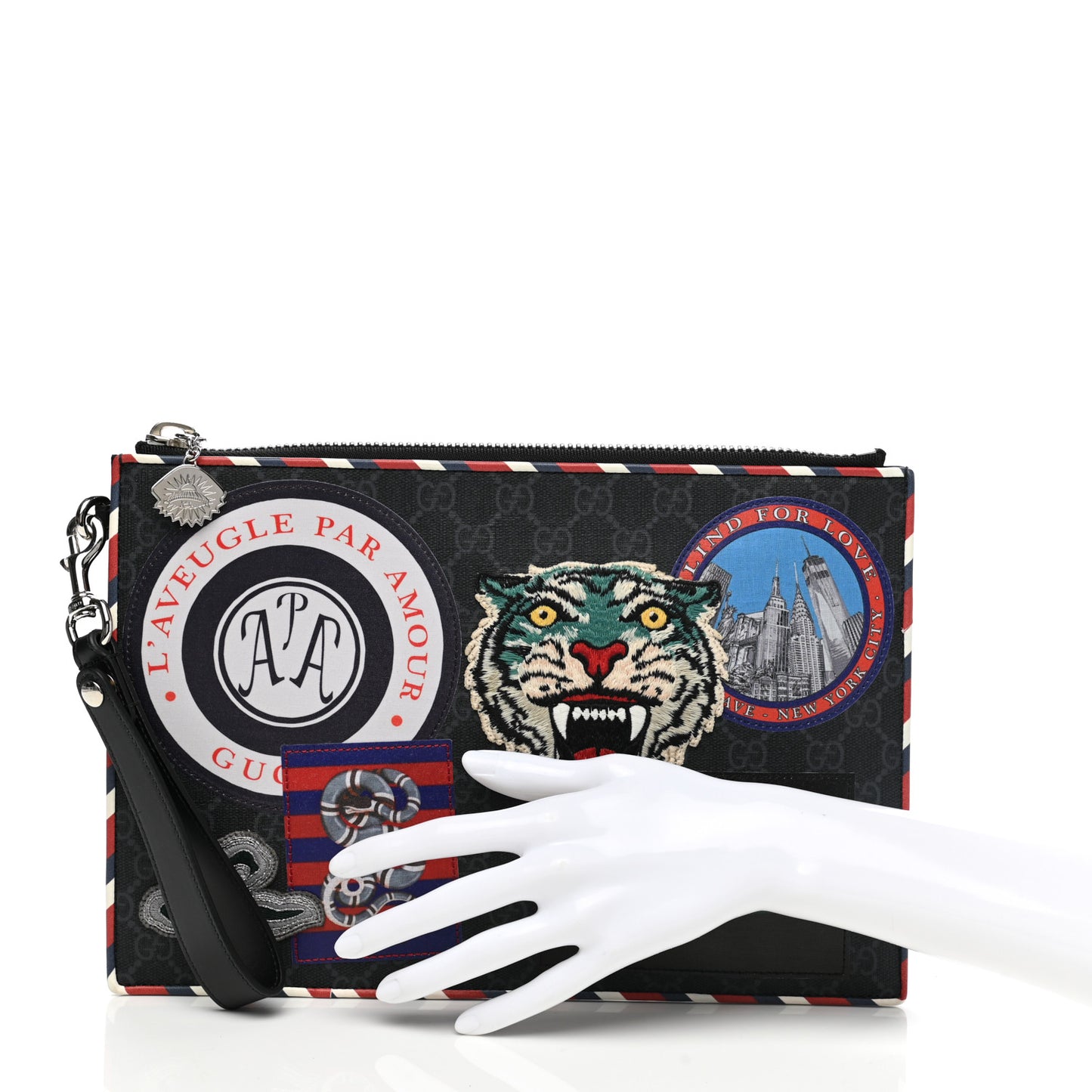 GG Supreme Monogram Night Courrier Zip Wristlet Pouch Black Multicolor