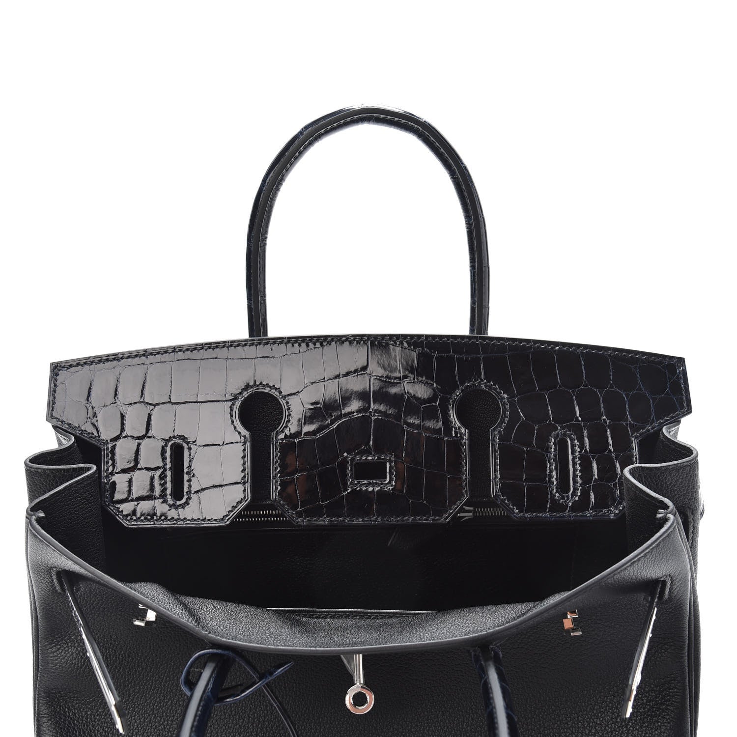 Hermes Taurillon Novillo Shiny Niloticus Crocodile Birkin Touch 30 Black Bleu Marine 11 of 29
