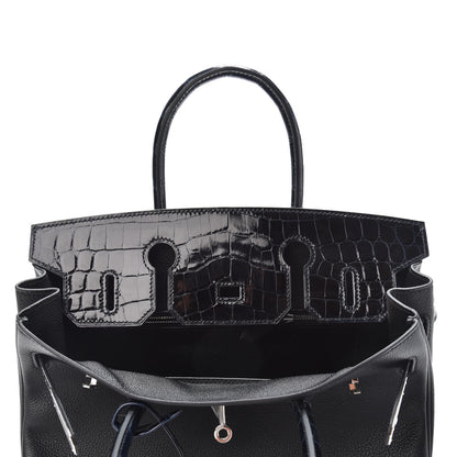 Hermes Taurillon Novillo Shiny Niloticus Crocodile Birkin Touch 30 Black Bleu Marine 11 of 29