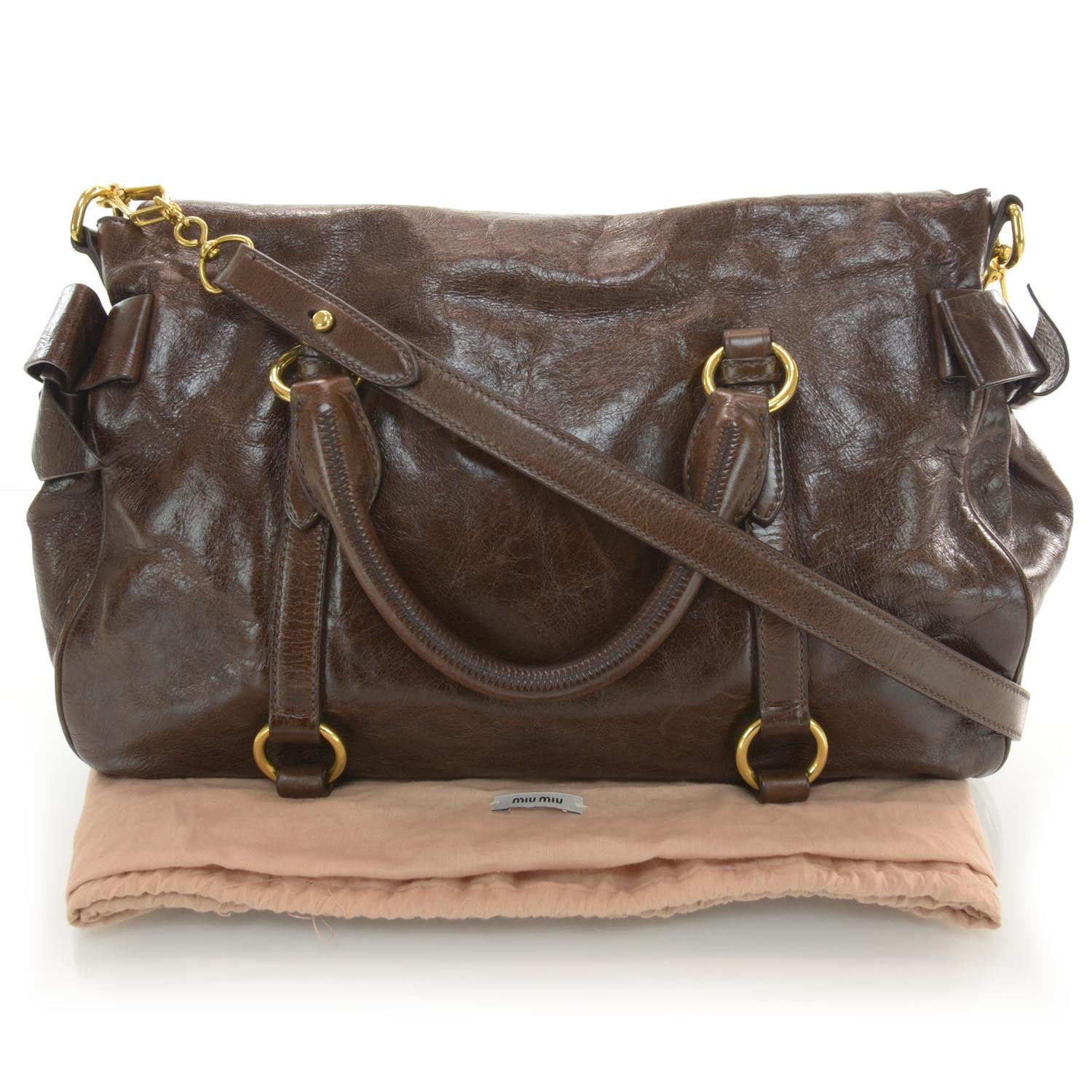 Miu Miu Leather Vitello Lux Bow Bag Brown 3 of 9