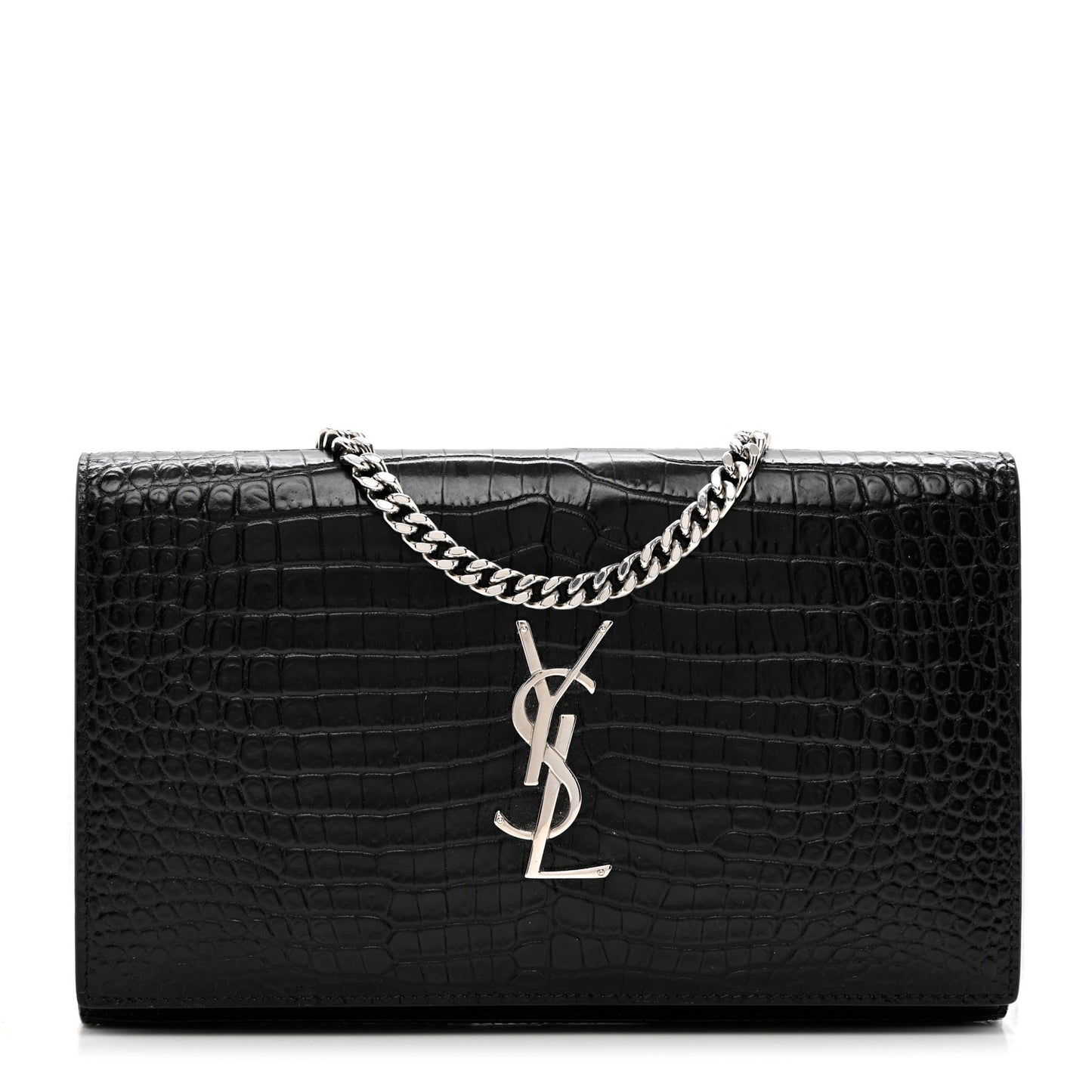 Calfskin Crocodile Embossed Monogram Chain Wallet Black