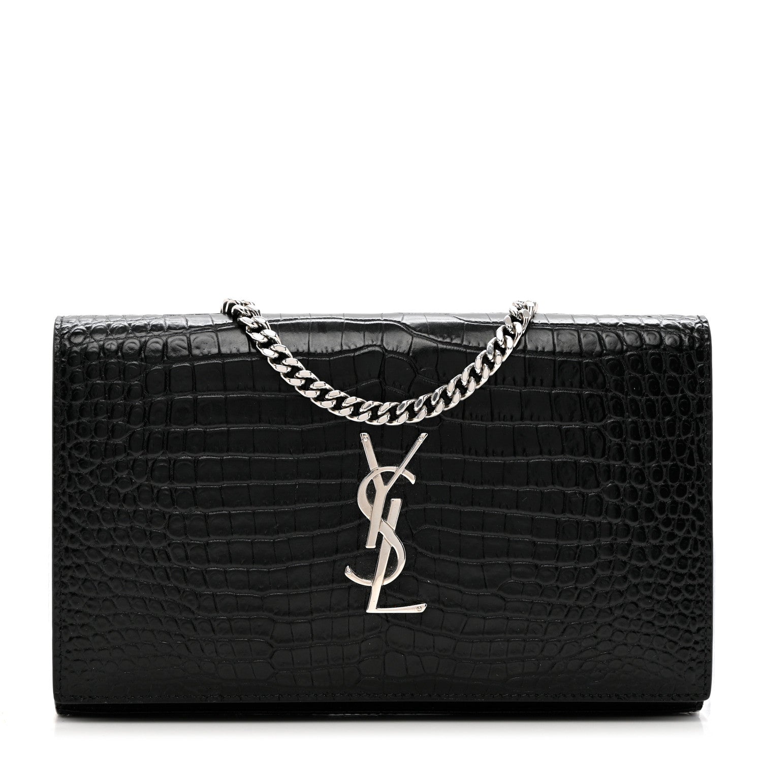 Saint Laurent Calfskin Crocodile Embossed Monogram Chain Wallet Black 1 of 7