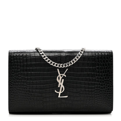 Saint Laurent Calfskin Crocodile Embossed Monogram Chain Wallet Black 1 of 7