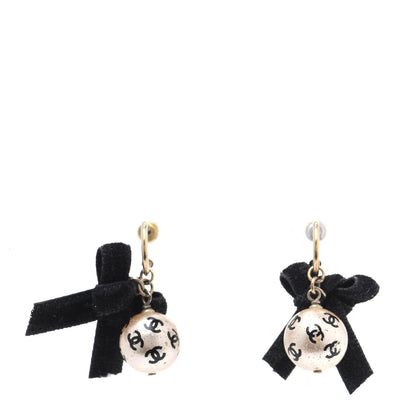 Chanel Pearl Bow Drop Earrings Gold White Black 1 of 7