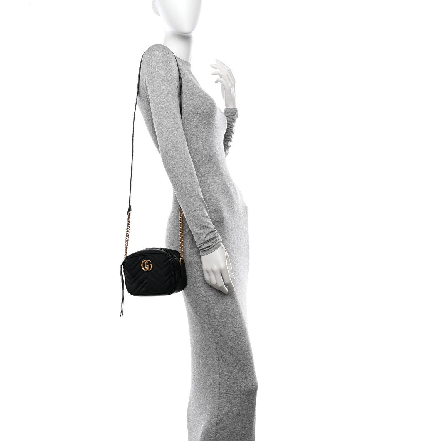 Gucci Calfskin Matelasse Mini GG Marmont Chain Shoulder Bag Black 2 of 11
