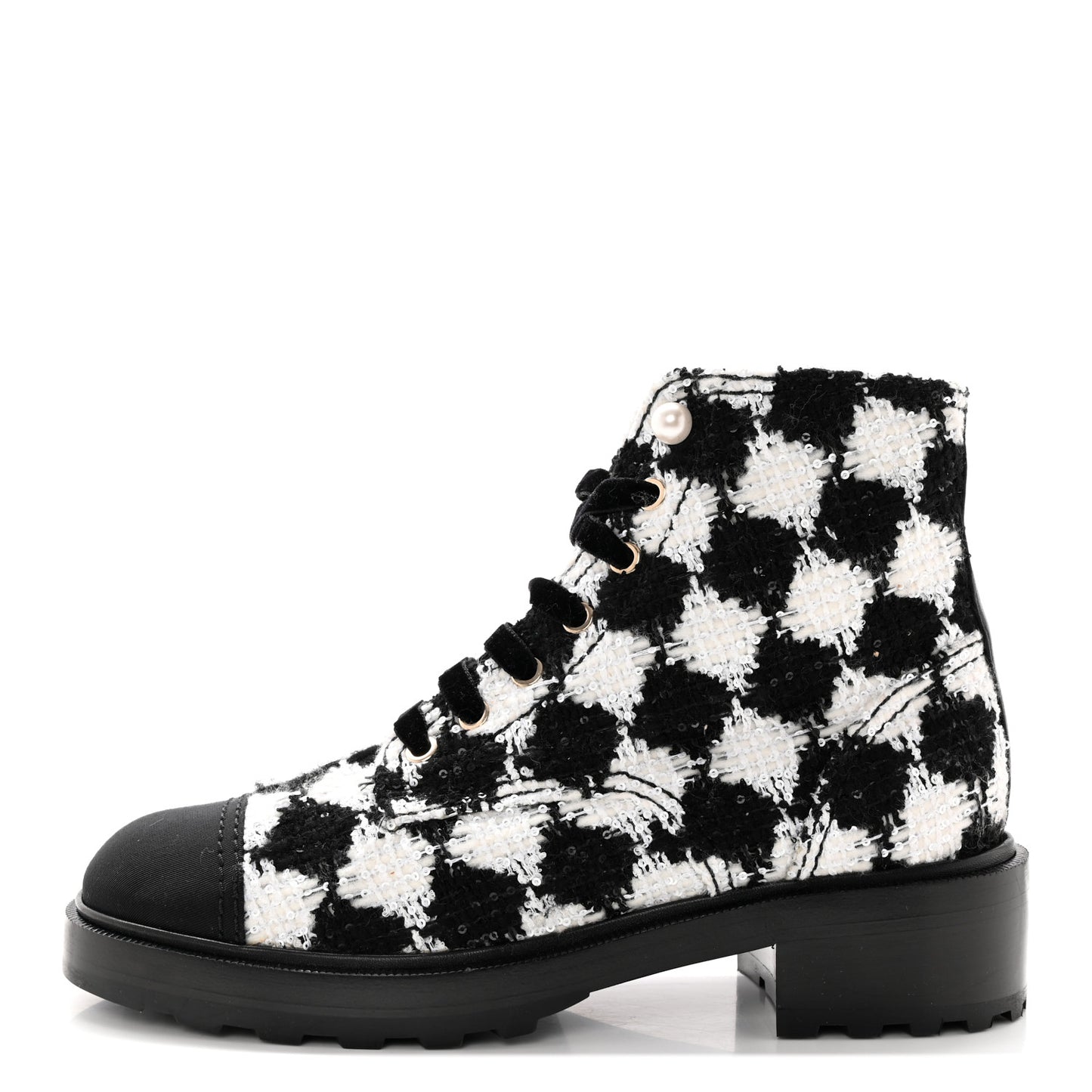 Tweed Grosgrain Pearl Combat Short Boots 40.5 White Black