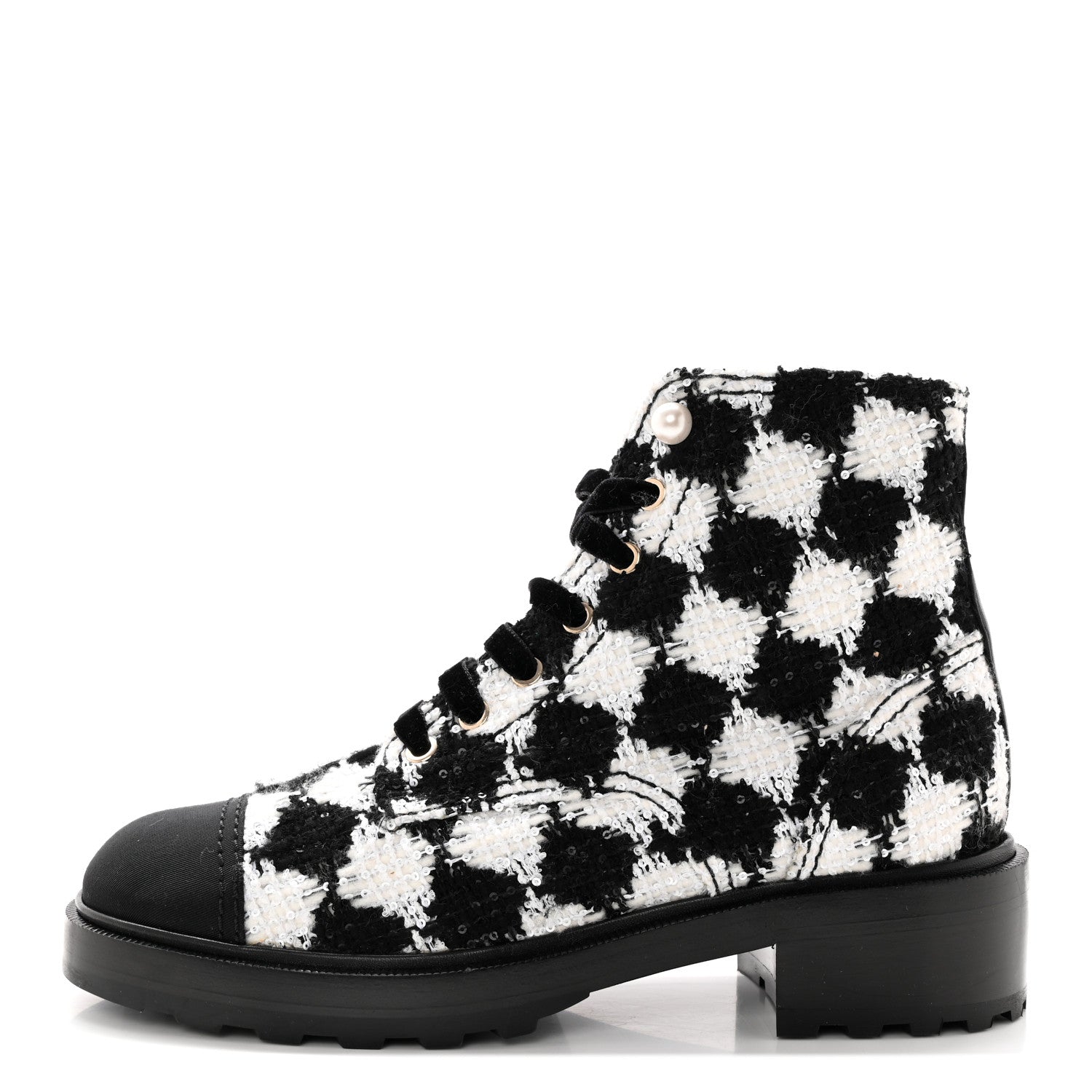 Chanel Tweed Grosgrain Pearl Combat Short Boots 40.5 White Black 1 of 13