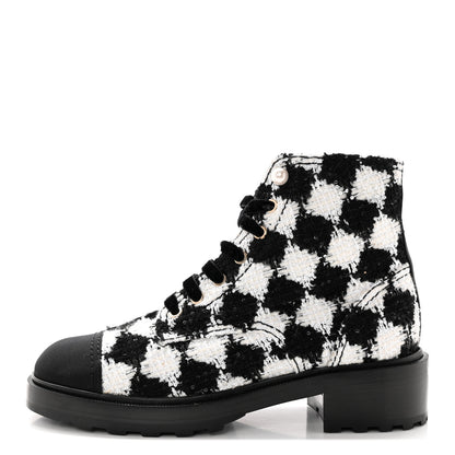 Chanel Tweed Grosgrain Pearl Combat Short Boots 40.5 White Black 1 of 13
