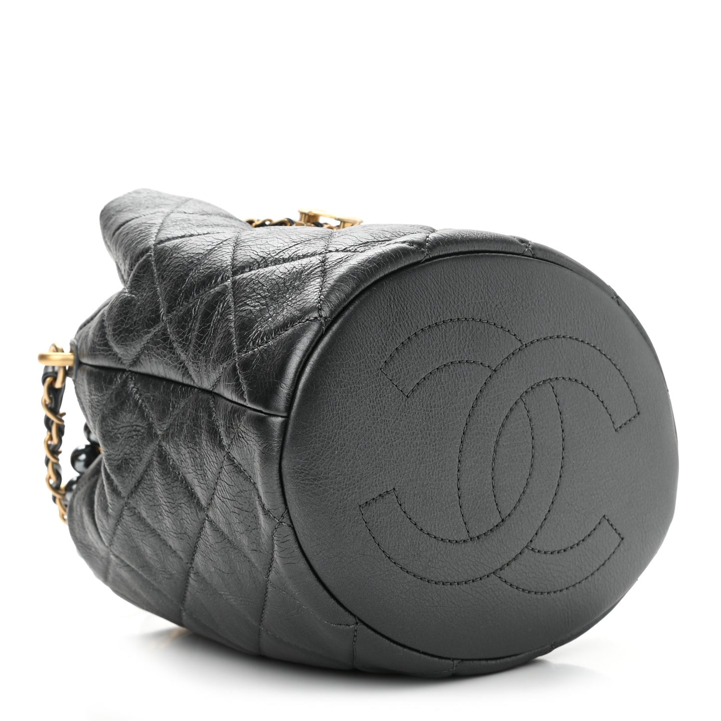 Metallic Lambskin Quilted Pearl Crown Drawstring Bag Anthracite