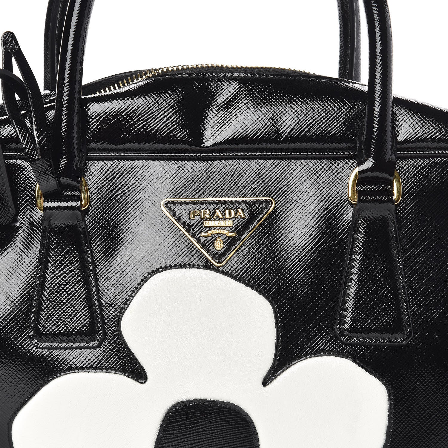 Prada Saffiano Vernice Floral Bauletto Bag Black 492837 – FASHIONPHILE