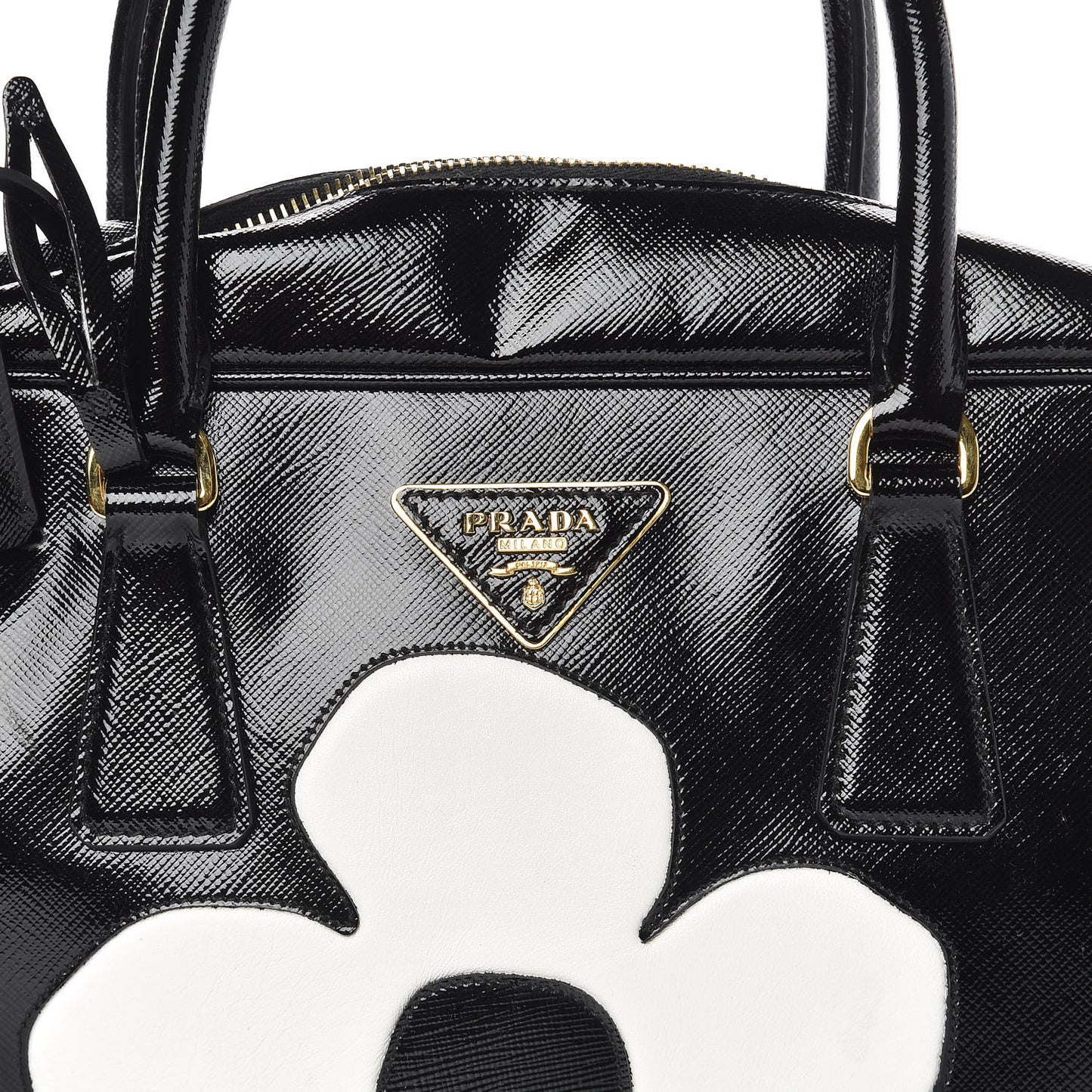 Saffiano Vernice Floral Bauletto Bag Black