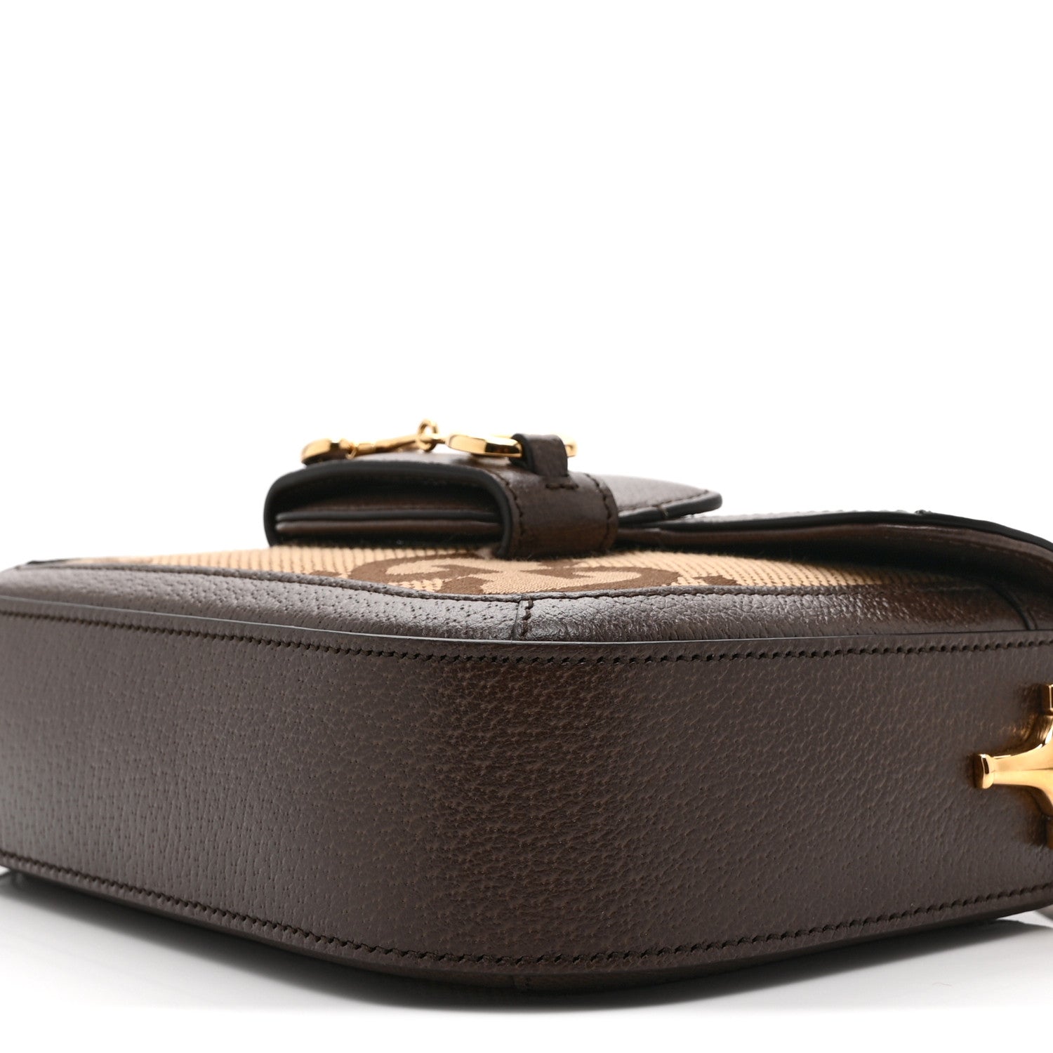 Gucci Monogram Jumbo GG Textured Dollar Calfskin Web Mini Horsebit 1955 Shoulder Bag Camel Ebony New Acero 11 of 11