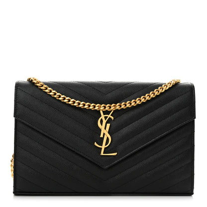 Saint Laurent Grain De Poudre Matelasse Chevron Monogram Chain Wallet Black 1 of 13