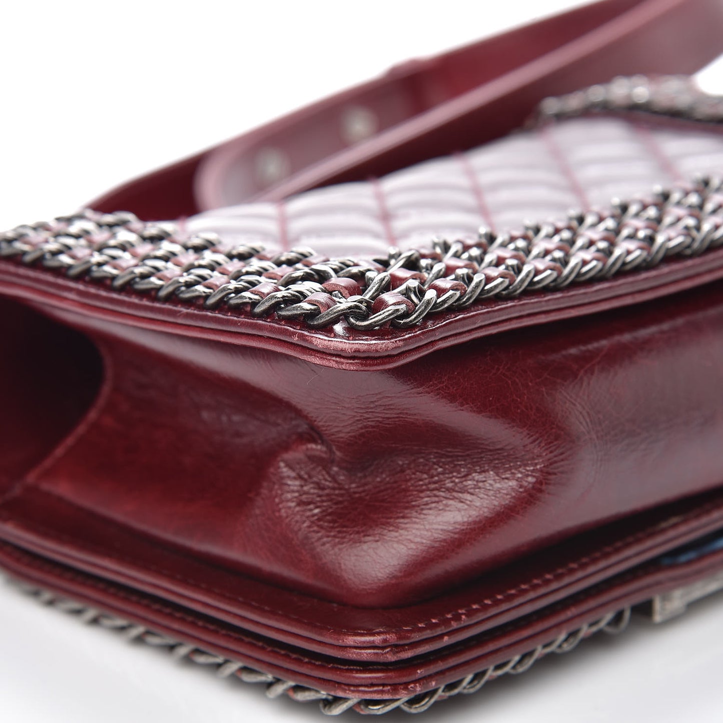Glazed Calfskin Quilted Small Boy Chained Flap Burgundy