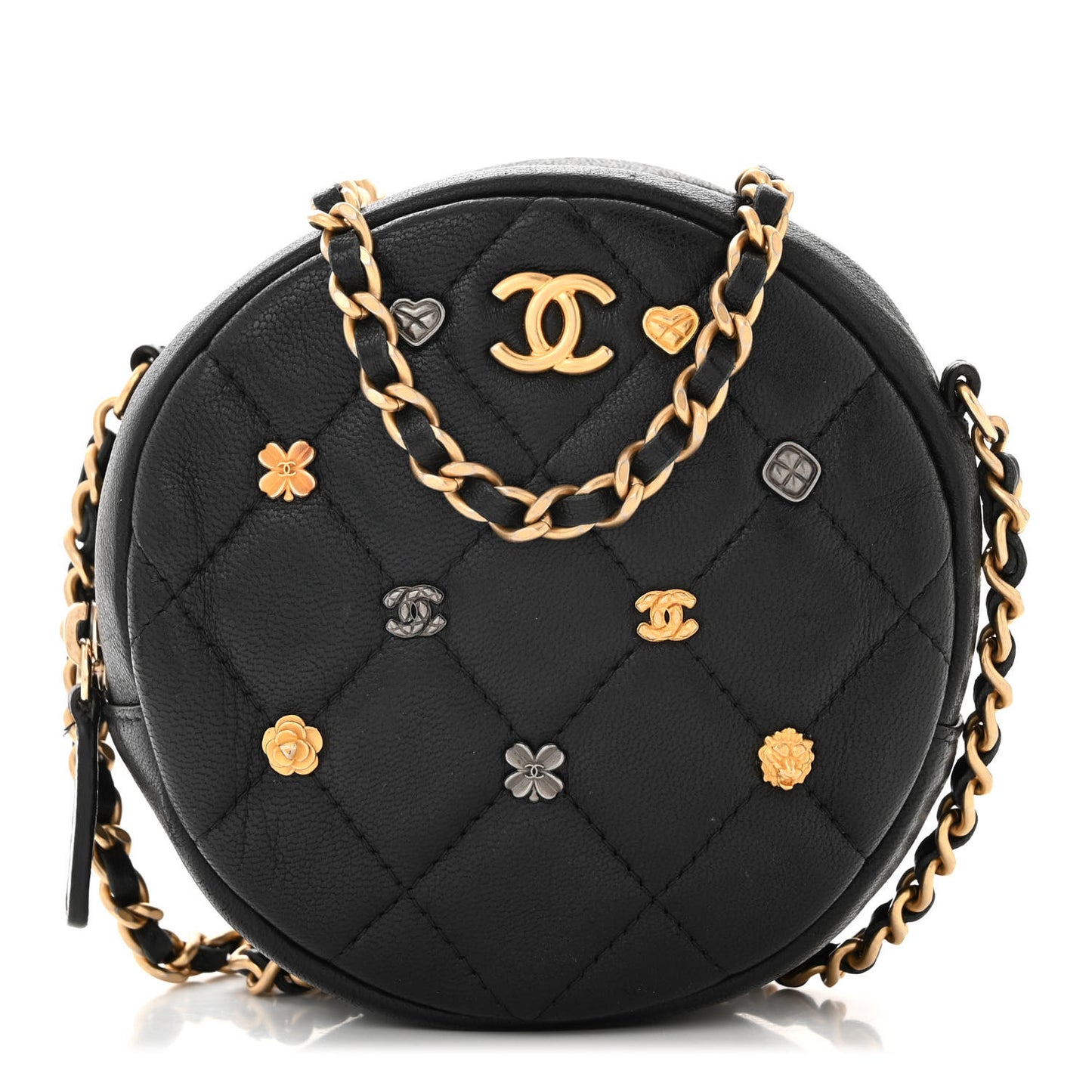 Lambskin Quilted Studded Round Clutch With Chain Black