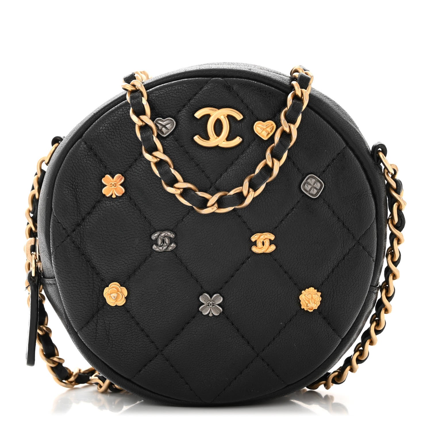 Chanel Lambskin Quilted Studded Round Clutch With Chain Black 1 of 10