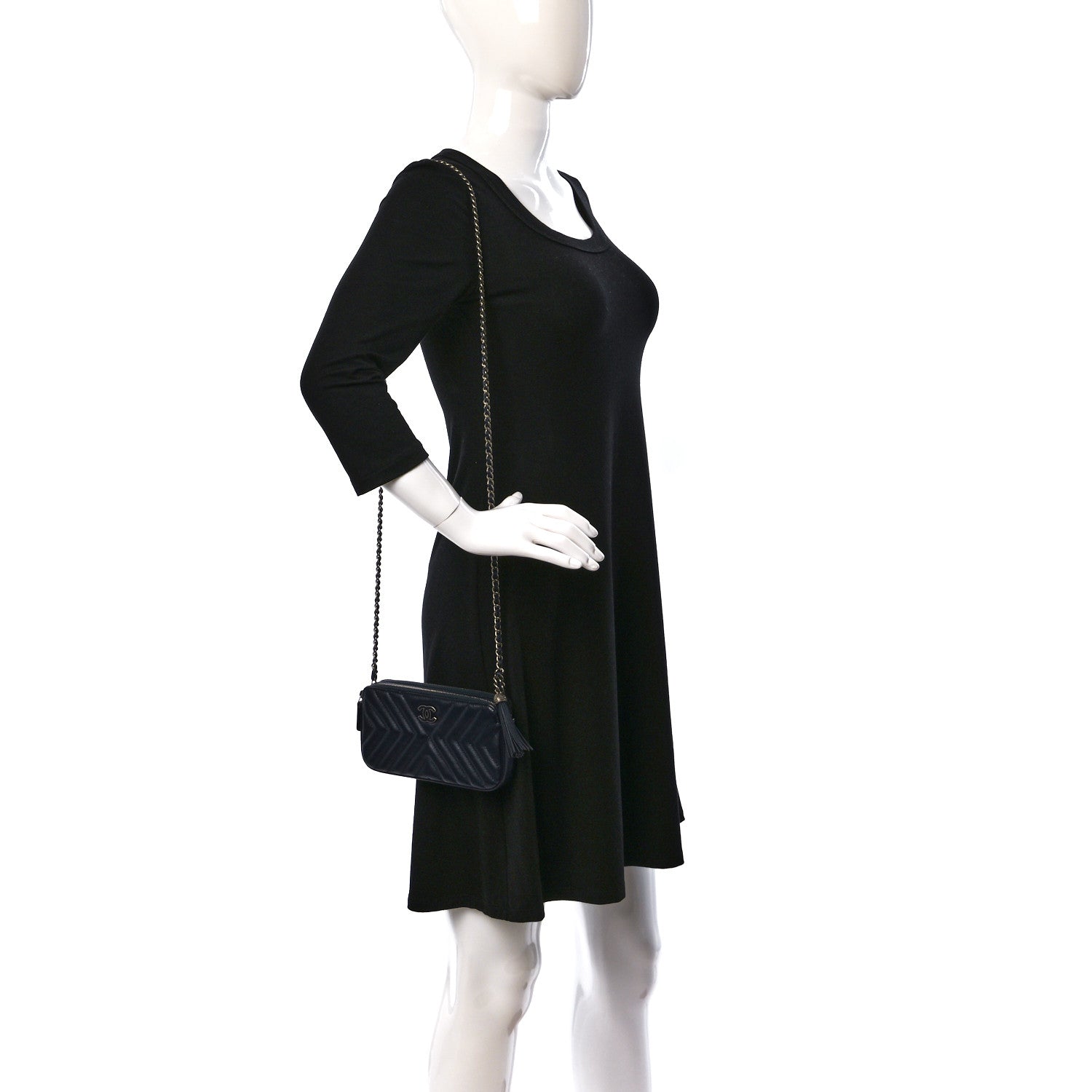 Chanel Calfskin Chevron Quilted Tassel Clutch With Chain Navy 2 of 10