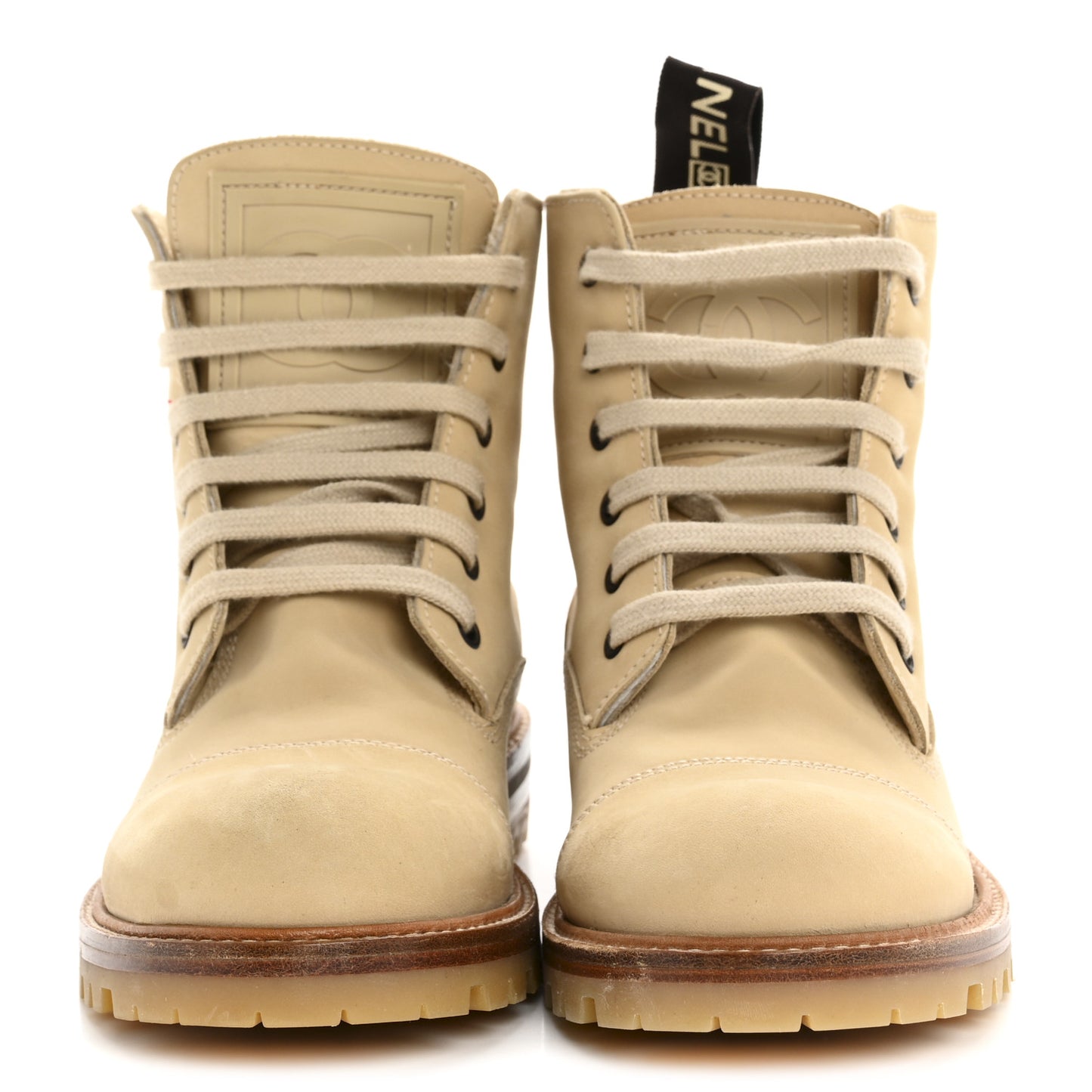 Calfskin Suede Quilted Lace Up Combat Boots 37 Light Beige
