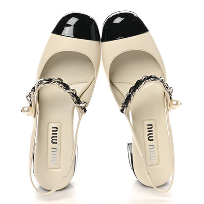 Miu Miu Patent Calfskin Chain Pearl Slingback Pumps 37.5 Ivory Black 2 of 10