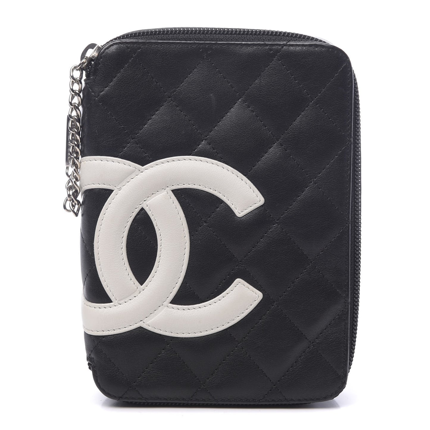 Calfskin Quilted Cambon Zip Around Cosmetic Pouch Black