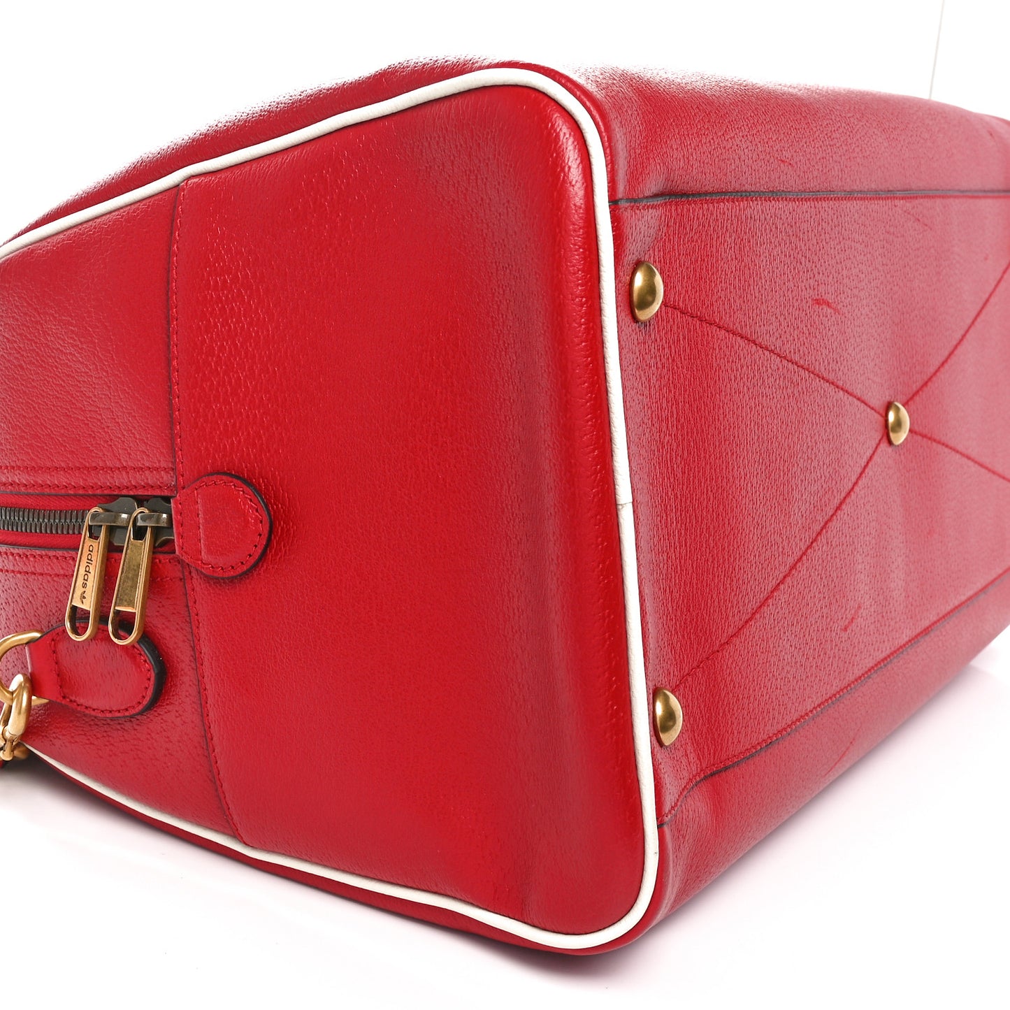 X ADIDAS Textured Dollar Calfskin Web Trefoil Large Bowling Bag Hibiscus Red  Off White