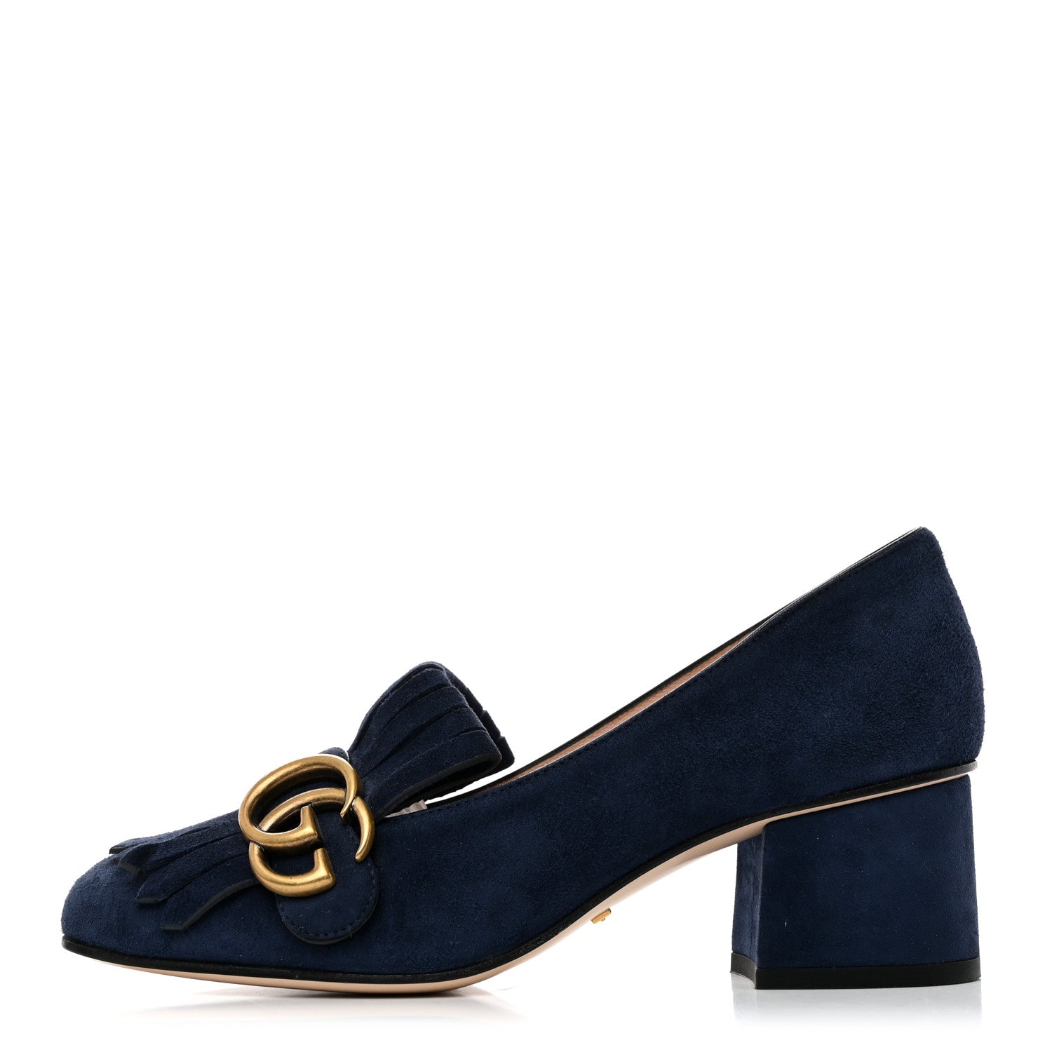 Gucci Kid Scamosciato GG Marmont Fringe 50mm Loafer Pumps 36 Blue Ink 1 of 9