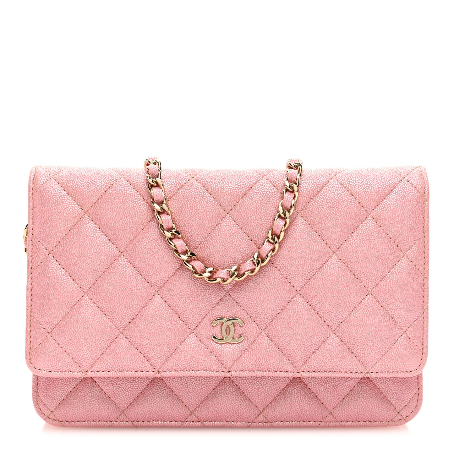 Iridescent Caviar Quilted Wallet on Chain WOC Rose Pink