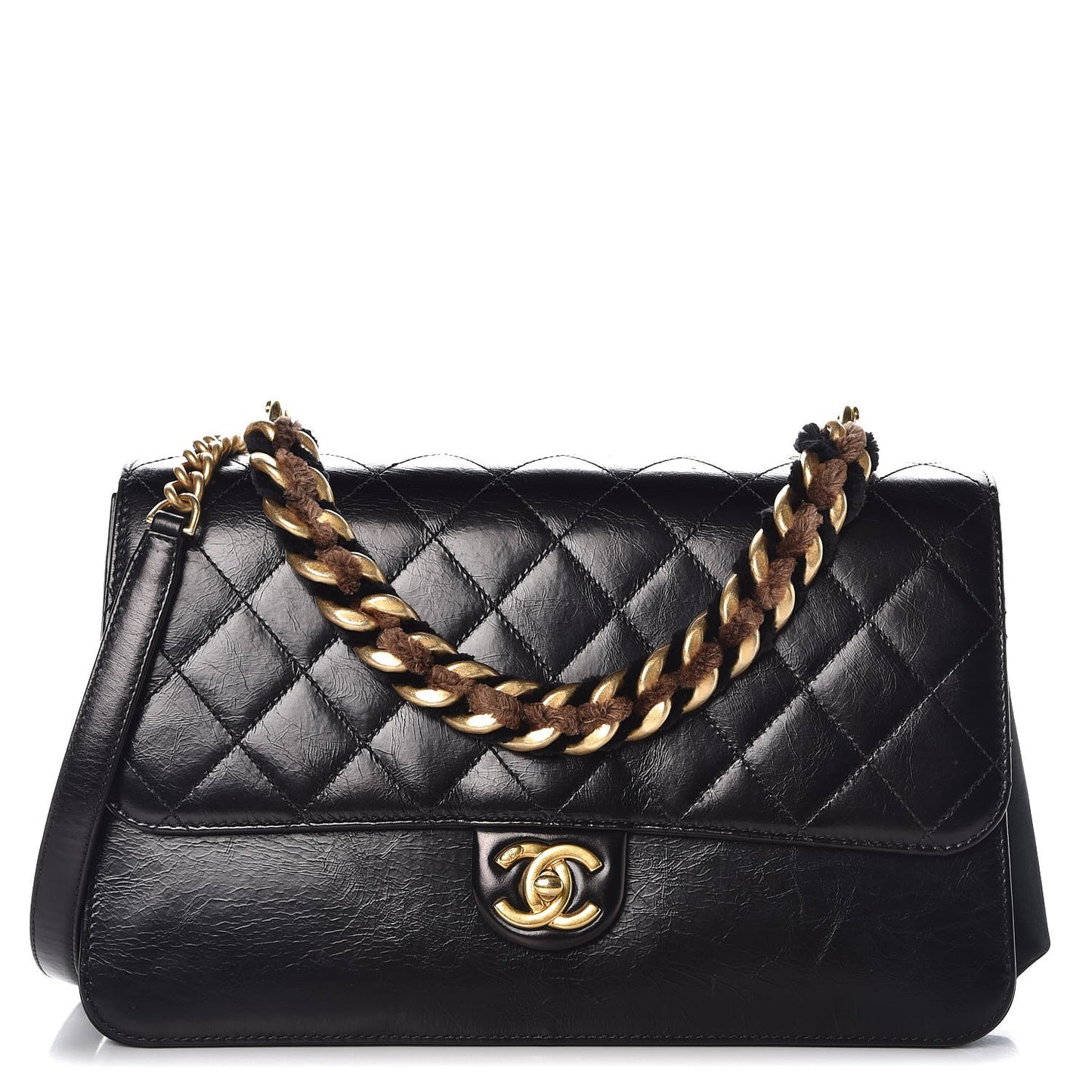 Iridescent Calfskin Quilted Straight Lined Flap Black