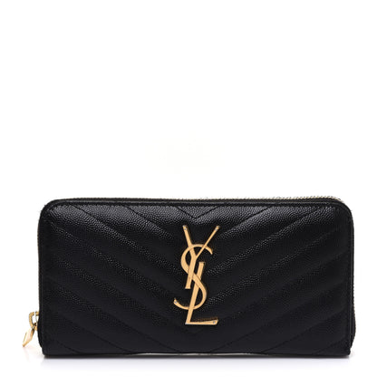 Saint Laurent Grain De Poudre Matelasse Chevron Monogram Zip Around Wallet Black 1 of 11