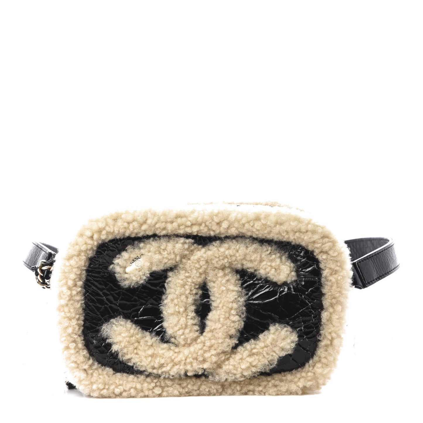 Shiny Crumpled Sheepskin Shearling Waist Bag Black Beige