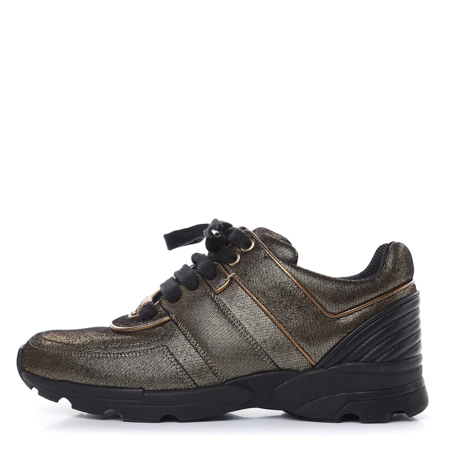Metallic Fabric Calfskin Womens CC Sneakers 36.5 Golden Brown