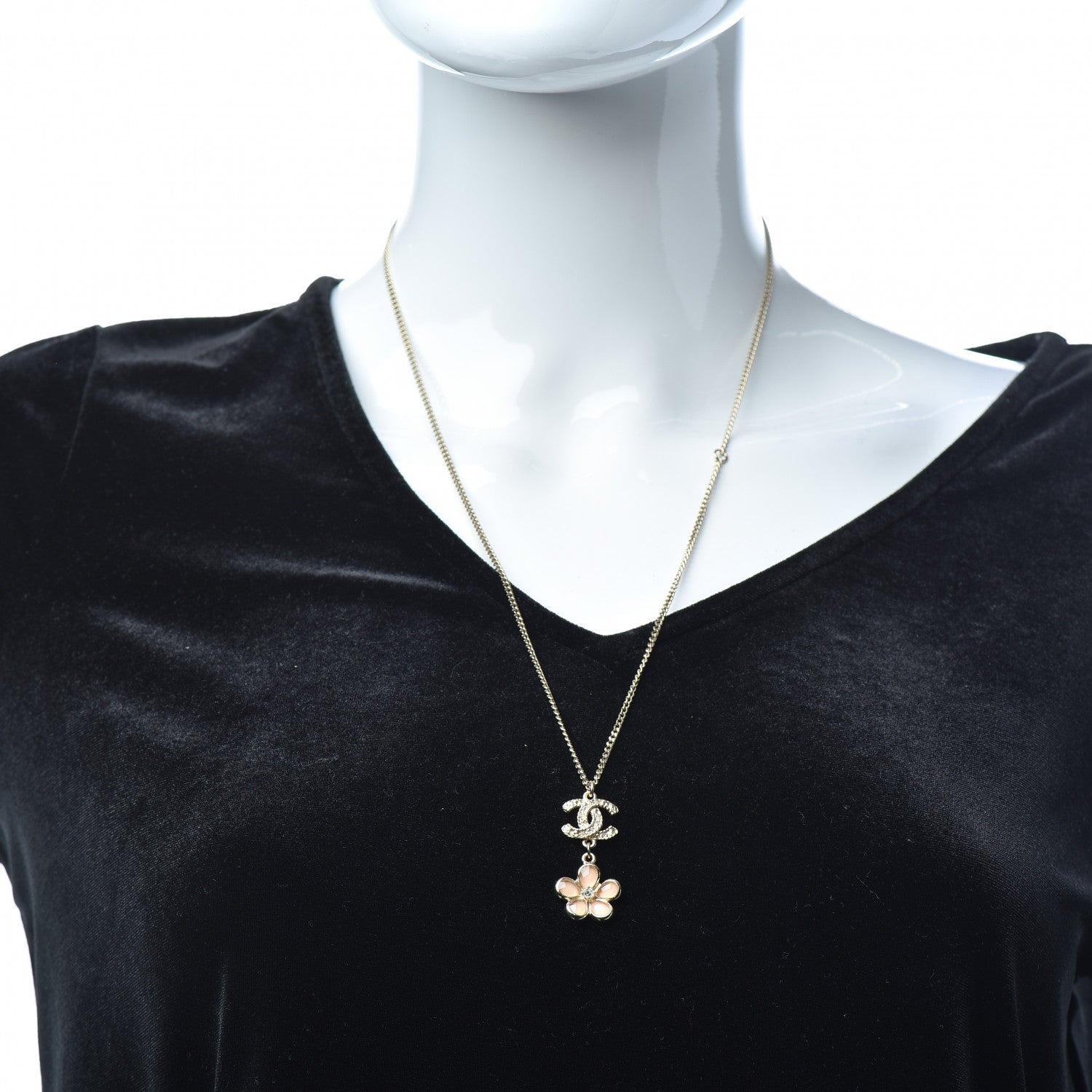 Chanel Enamel Crystal CC Camellia Pendant Necklace Beige Gold 2 of 6