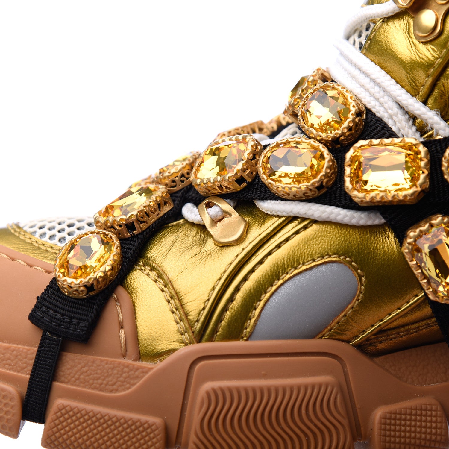 Gucci X SEGA Metallic Calfskin Mesh Removable Crystals Womens Flashtrek Sneakers 39 Oro Vecchio Mystic White Silver 15 of 19