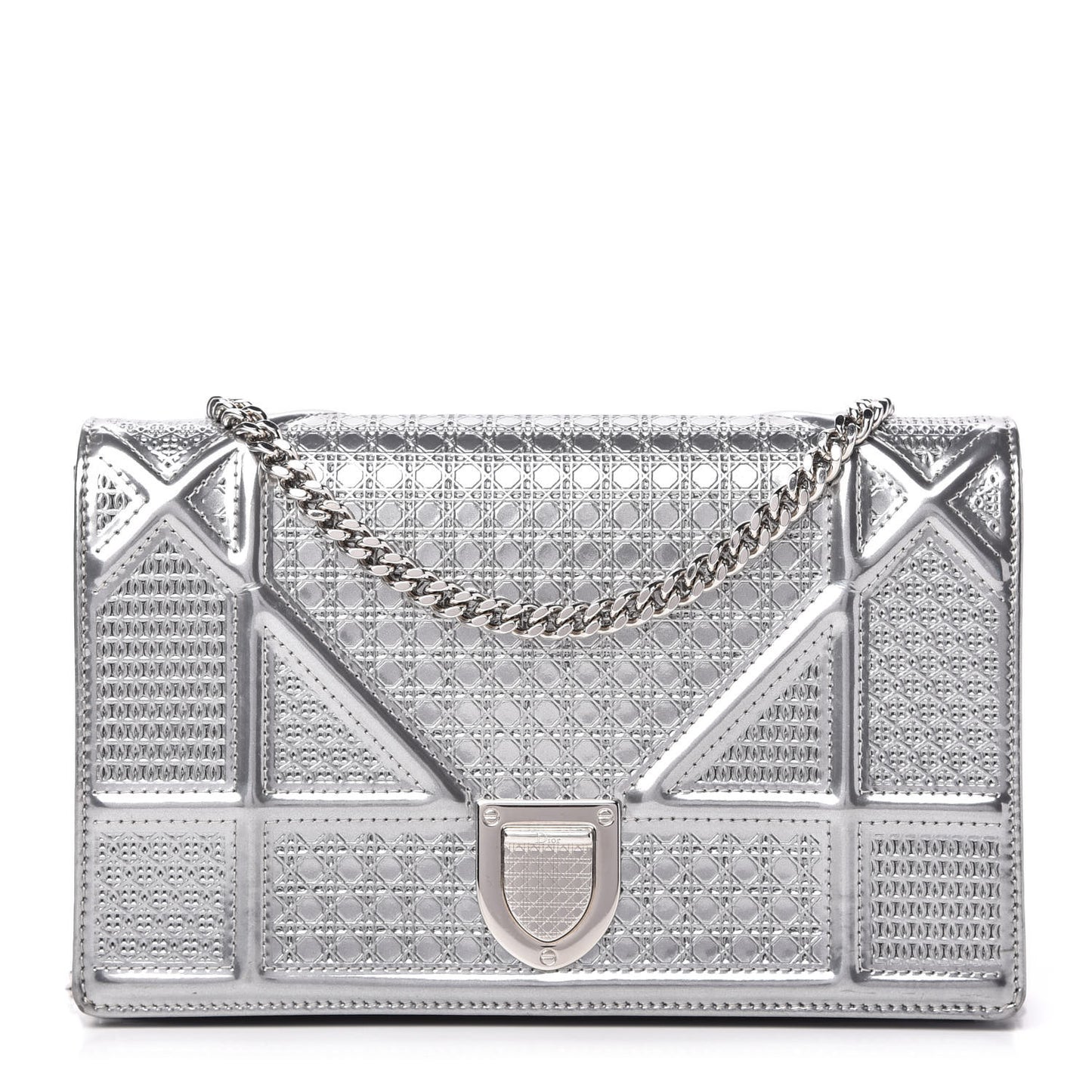 Metallic Patent Micro-Cannage Diorama Wallet on Chain Pouch Silver