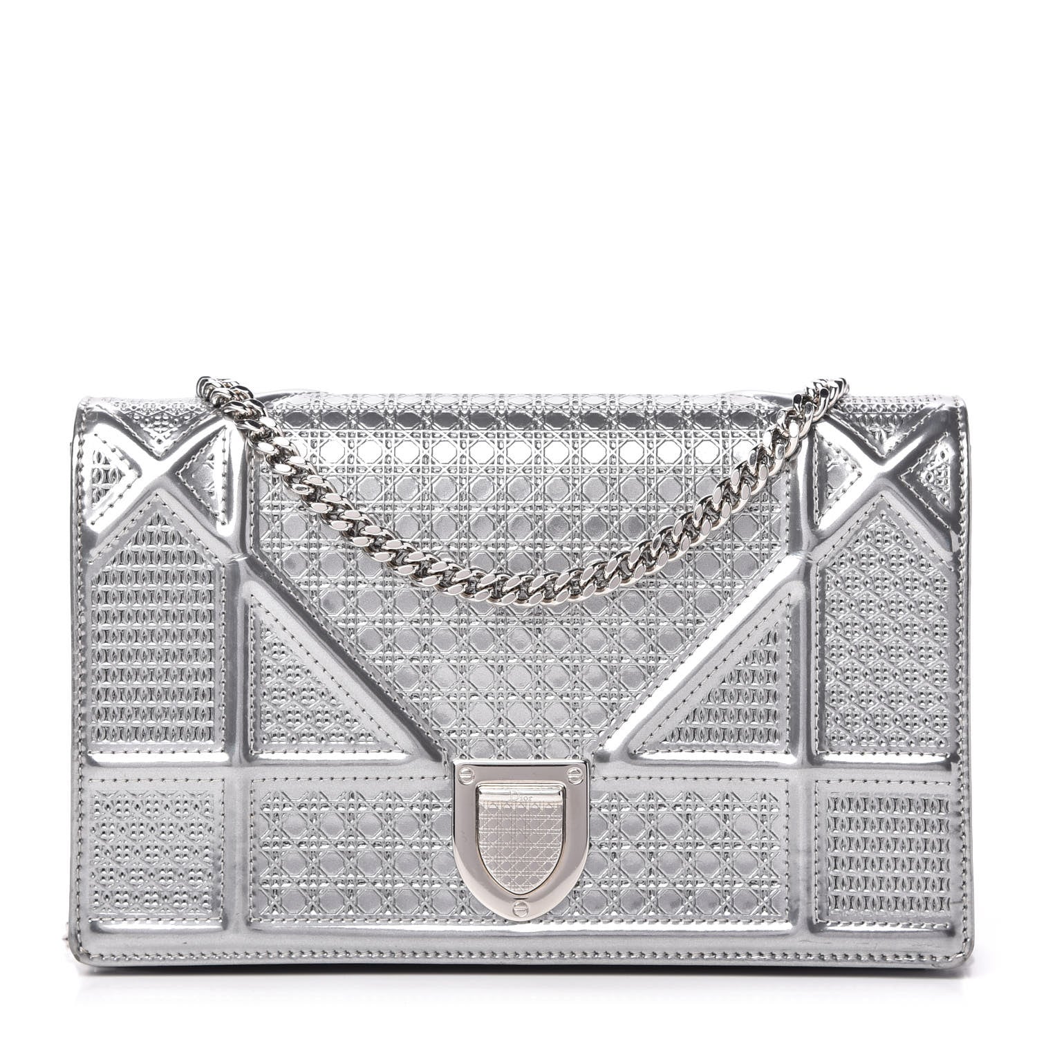 Christian Dior Metallic Patent Micro-Cannage Diorama Wallet on Chain Pouch Silver 1 of 11