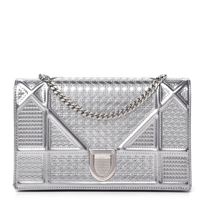 Christian Dior Metallic Patent Micro-Cannage Diorama Wallet on Chain Pouch Silver 1 of 11