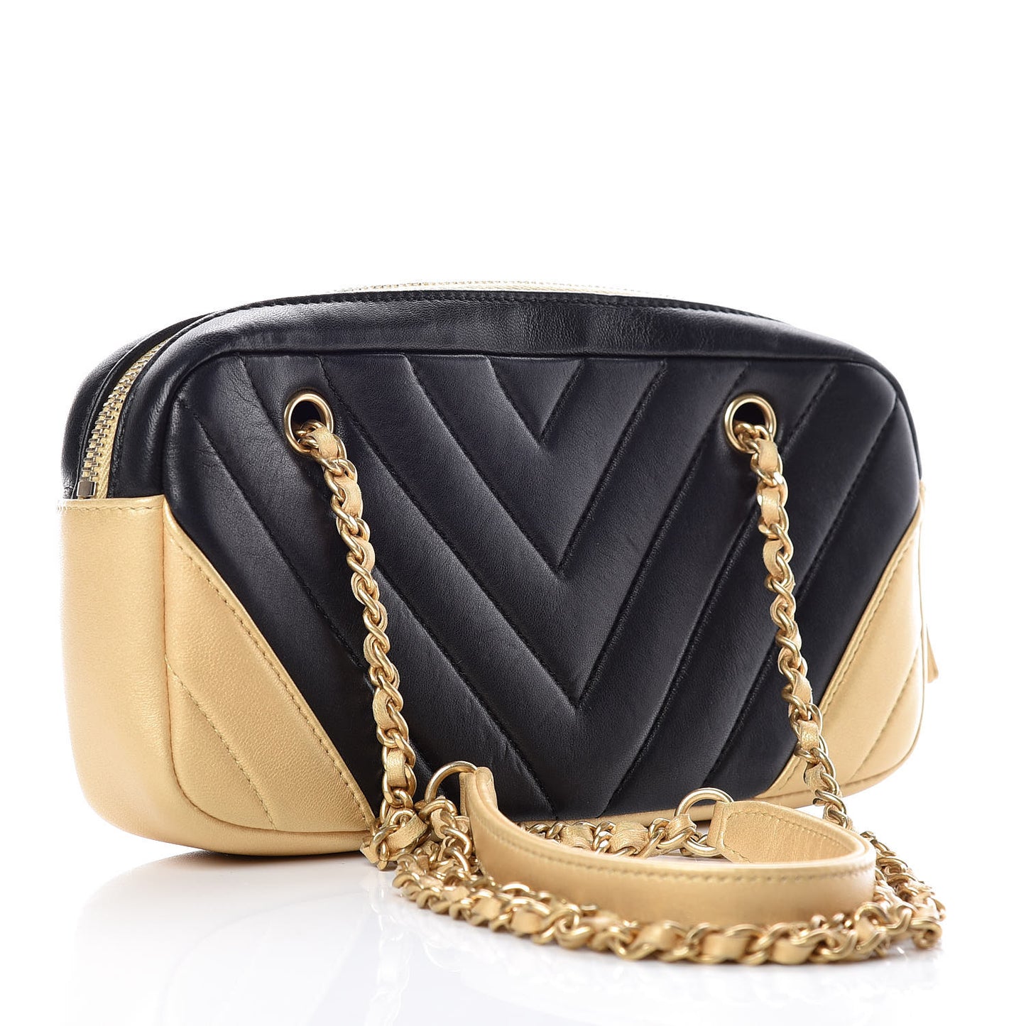 Lambskin Sheepskin Chevron Camera Case Black Gold