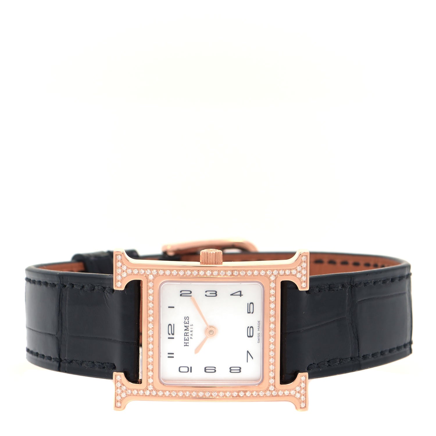 Hermes 18K Rose Gold Alligator Diamond Bezel Mother of Pearl 21mm Heure H Hour Quartz Watch Noir 2 of 5