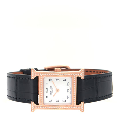 Hermes 18K Rose Gold Alligator Diamond Bezel Mother of Pearl 21mm Heure H Hour Quartz Watch Noir 2 of 5