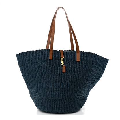 Saint Laurent Raffia Calfskin Medium Panier Tote Blue Blue 1 of 11